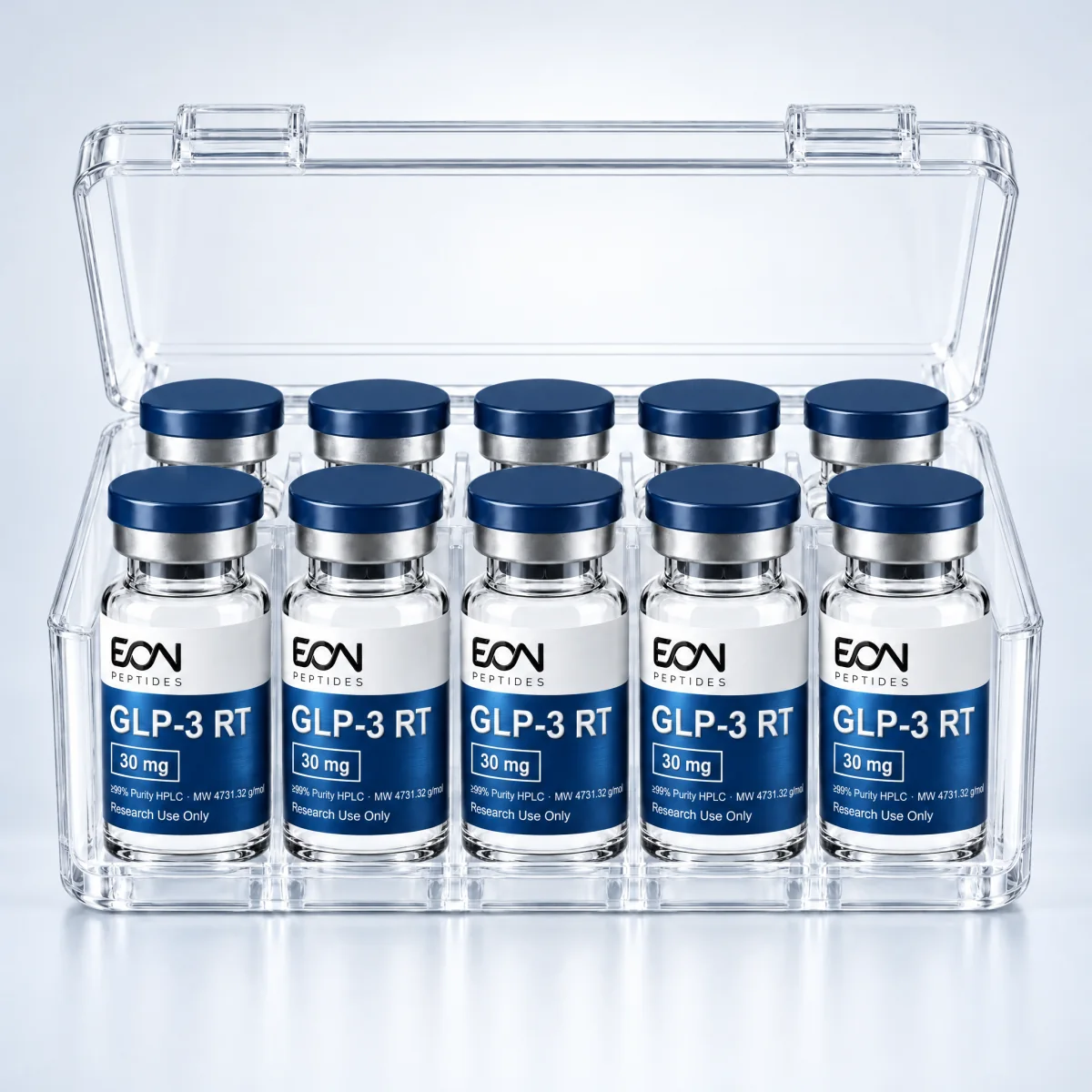Ten GLP-3 RT 30mg vials in a clear case